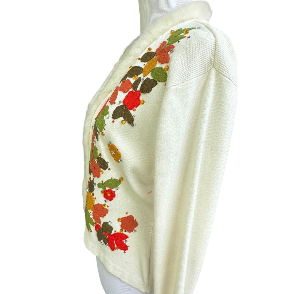 Fall Leaf Embellished Cardigan Jacket Faux Fur‎ Trim Appliqué Beaded Ivory M-L - Picture 9 of 16